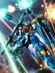Rule 34 | arm shield, bazooka (gundam), beam cannon, blue eyes, calamity gundam, commentary request, debris, exhaust, explosion, firing, glowing, glowing eye, gundam, gundam seed, highres, holding, holding weapon, laser, legs apart, looking up, mecha, mobile suit, no humans, partial commentary, robot, science fiction, shoulder cannon, solo, space, sparks, star (sky), thrusters, v-fin, weapon, youiki