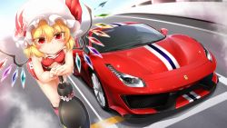 Rule 34 | 1girl, blonde hair, blouse, boots, car, clothes writing, crop top, crystal, fang, ferrari, ferrari 488, fingernails, flandre scarlet, hat, highres, leaning forward, leaning on object, looking at viewer, marukyuu ameya, mob cap, motor vehicle, race queen, red eyes, red footwear, red shorts, shirt, short hair, short shorts, shorts, skin fang, sleeveless, sleeveless shirt, thigh boots, thighhighs, touhou, umbrella, vehicle focus, wings