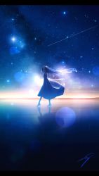 Rule 34 | 1girl, absurdres, arms up, blurry, bokeh, closed mouth, commentary, depth of field, closed eyes, fantasy, full body, highres, long hair, milky way, nengoro, original, outdoors, scenery, shooting star, signature, sky, solo, sparkle, star (sky), starry sky, veil, walking