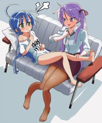 Rule 34 | 2girls, :d, :t, puff of air, absurdres, ahoge, bare legs, barefoot, blue hair, blush, clothes writing, commentary, couch, english commentary, eyes visible through hair, feet, green eyes, hair ribbon, highres, hiiragi kagami, izumi konata, long hair, long sleeves, looking at another, lucky star, lying, moccaexe, multiple girls, nose blush, off shoulder, open mouth, pantyhose, pillow, pointing, pointing at self, pout, purple eyes, purple hair, ribbon, shirt, single bare shoulder, sitting, sleeves rolled up, smile, t-shirt, twintails, very long hair, white shirt, you work you lose
