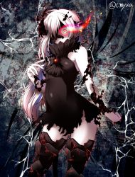 Rule 34 | 10s, 1girl, abyssal ship, ascot, bare shoulders, black dress, boots, colored skin, covered mouth, covered navel, cowboy shot, dress, glowing, glowing eye, kantai collection, long hair, looking at viewer, ne-class heavy cruiser, pale skin, red eyes, shaded face, short dress, solo, thigh boots, thighhighs, twitter username, white hair, white skin, yua (checkmate)