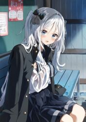 Rule 34 | 1girl, :d, black bow, black jacket, black sailor collar, black skirt, blue eyes, blush, borrowed clothes, bow, bus stop, commentary request, crossed arms, feet out of frame, gakuran, grey hair, hair between eyes, hair bow, hair intakes, highres, jacket, jacket on shoulders, long hair, long sleeves, looking at viewer, on bench, open mouth, original, parted bangs, pentagon (railgun ky1206), pleated skirt, sailor collar, school uniform, see-through, serafuku, shirt, sitting, skirt, sleeves past wrists, smile, solo, two side up, very long hair, wet, wet clothes, wet shirt, white shirt