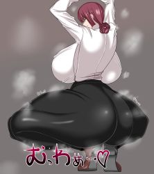Rule 34 | 1girl, arms up, ass, backboob, black pants, braid, breasts, chainsaw man, from behind, grey background, highres, huge ass, huge breasts, hyperomizu, japanese text, looking back, makima (chainsaw man), pants, red hair, shirt, shoes, solo, squatting, steam, thick thighs, thighs, tight clothes, tight pants, white shirt, yellow eyes