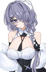 Rule 34 | 1girl, absurdres, arknights, bare shoulders, black skirt, breasts, bright pupils, eyepatch, hair ornament, high-waist skirt, highres, large breasts, long hair, looking at viewer, official alternate costume, one eye covered, parted lips, purple eyes, purple hair, shino duka, skirt, solo, upper body, very long hair, whisperain (arknights), whisperain (tremble cold) (arknights), x hair ornament