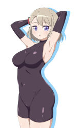 Rule 34 | 1girl, :o, absurdres, armpits, arms behind head, arms up, azur lane, bare shoulders, black gloves, blue eyes, blush, bodystocking, bow, breasts, brown hair, colored shadow, covered collarbone, covered navel, cowboy shot, drop shadow, elbow gloves, gloves, groin, hair between eyes, hair bow, highres, large breasts, looking at viewer, macaroni (dontakadx), shadow, short hair, sidelocks, simple background, skindentation, solo, standing, striped, striped bow, white background, z23 (azur lane)