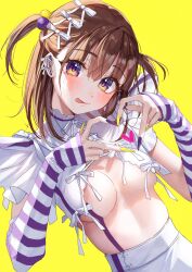 Rule 34 | 1girl, :p, blush, breasts, brown hair, ear piercing, hair ornament, highres, looking at viewer, medium breasts, medium hair, misekiss, original, piercing, purple eyes, purple nails, simple background, sleeves past wrists, smile, solo, tongue, tongue out, two side up, yellow background, yellow nails