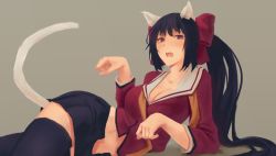 Rule 34 | 1girl, animal ears, black hair, black skirt, black thighhighs, blush, bow, breasts, cat ears, cat tail, cleavage, commentary, hair bow, kemonomimi mode, large breasts, long hair, loose necktie, lying, necktie, noccu, noihara himari, omamori himari, on side, open mouth, paw pose, purple eyes, red bow, school uniform, serafuku, skirt, solo, stomach, tail, thighhighs, undone necktie, very long hair, zettai ryouiki