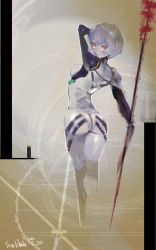 Rule 34 | 1girl, 2016, arched back, arm up, armpits, ass, ayanami rei, bodysuit, dated, from behind, hair between eyes, half-closed eyes, happy birthday, holding, holding weapon, interface headset, ishida sui, kneepits, lance of longinus (evangelion), legs together, looking at viewer, looking back, neon genesis evangelion, pale skin, parted lips, pilot suit, plugsuit, polearm, red eyes, signature, silver hair, sketch, skin tight, solo, standing, turtleneck, weapon