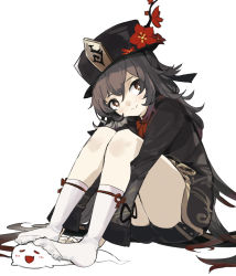 Rule 34 | 1girl, bad id, bad pixiv id, black headwear, black shorts, blush, brown hair, closed eyes, fang, feet, flower, full body, genshin impact, happy, hat, highres, hu tao (genshin impact), legs, long hair, long sleeves, looking at viewer, open mouth, red eyes, short shorts, shorts, simple background, sitting, smile, socks, stepped on, symbol-shaped pupils, white background, zairen