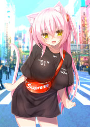 Rule 34 | 1girl, :3, animal ears, between breasts, blurry, blurry background, blush, breasts, cat ears, cat tail, city, cowboy shot, fang, hair between eyes, large breasts, long hair, looking at viewer, no bra, open mouth, original, pink hair, shia flatpaddy, solo, strap between breasts, streetwear, supreme (brand), syroh, tail, two side up, yellow eyes