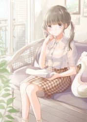 Rule 34 | 1girl, :o, absurdres, balcony, bird, blue eyes, blush, bobby socks, brown hair, checkered clothes, checkered skirt, commentary request, couch, day, drawing (object), feet out of frame, hair ribbon, highres, holding, holding notepad, holding pen, hoshiibara mato, indoors, ironwork, knees together feet apart, notepad, on couch, original, pen, railing, red skirt, ribbon, shirt, short hair, short sleeves, sitting, skirt, socks, solo, stuffed animal, stuffed toy, swan, twintails, white shirt, white socks, window, window shutter