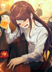 Rule 34 | 1girl, 2boys, absurdres, alcohol, black hair, black shirt, black skirt, blush, breasts, brown eyes, brown hair, chair, chopsticks, collarbone, collared shirt, commentary request, cup, dress shirt, drinking glass, fingernails, food, grey hair, gundou mirei, hair between eyes, head scarf, highres, holding, holding cup, indoors, long hair, long sleeves, misaki nonaka, multiple boys, nijisanji, on chair, open mouth, shirt, short sleeves, sitting, skirt, small breasts, solo focus, sparkle, v-shaped eyebrows, very long hair, virtual youtuber, white shirt