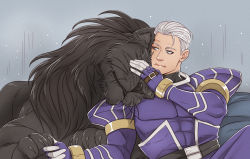 Rule 34 | 1boy, animal, animal ears, black cat, cat, closed eyes, closed mouth, crylin6, dark-skinned male, dark skin, glaugan, gloves, hair slicked back, headpat, highres, holding, holding animal, lion, lion ears, lion mane, lion paw, lion tail, looking at animal, male focus, mature male, muscular, muscular male, original zero, petting, sitting, smile, snk, tail, the king of fighters, the king of fighters 2001, white hair