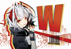 Rule 34 | 1girl, :d, antenna hair, arknights, bad id, bad pixiv id, barcode, black gloves, black jacket, black scarf, character name, fingerless gloves, gloves, grey hair, grey shirt, horns, index finger raised, jacket, jacknavy, multicolored hair, nail polish, open clothes, open jacket, open mouth, red eyes, red hair, red nails, scarf, shirt, short hair, smile, solo, two-tone hair, upper body, v-shaped eyebrows, w (arknights)