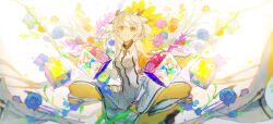 Rule 34 | 1girl, absurdres, arknights, blue flower, blush, chinese commentary, closed mouth, commentary request, cowboy shot, dongfengjingzhe, dress, feather hair, floating hair, flower, highres, long hair, looking at viewer, orange flower, ptilopsis (arknights), ptilopsis (elite ii) (arknights), purple flower, sleeveless, sleeveless dress, smile, solo, two-sided dress, two-sided fabric, very long hair, white dress, white hair, yellow dress, yellow eyes, yellow flower
