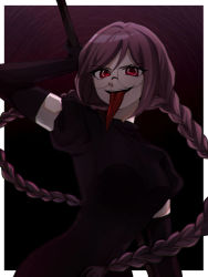 Rule 34 | 1girl, :d, alternate costume, black background, black gloves, black shirt, border, braid, breasts, brown hair, commentary request, danganronpa: trigger happy havoc, danganronpa (series), dokudokudoku, elbow gloves, fukawa toko, genocider shou, glasses, gloves, holding, holding weapon, large breasts, long hair, mole, mole under mouth, open mouth, puffy short sleeves, puffy sleeves, purple background, red eyes, round eyewear, school uniform, shirt, short sleeves, smile, solo, teeth, twin braids, upper body, upper teeth only, weapon, weapon behind back, white border