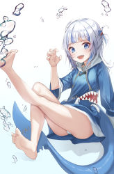 Rule 34 | 1girl, :d, absurdres, bare legs, barefoot, blue background, blue eyes, blue hair, blue hoodie, blunt bangs, commentary, english commentary, feet, fins, fish tail, foot up, full body, gawr gura, gawr gura (1st costume), grey hair, hair ornament, hand up, hhps3755, highres, hololive, hololive english, hood, hoodie, legs, long hair, looking at viewer, open mouth, paw pose, shadow, shark girl, shark tail, sharp teeth, smile, soles, solo, tail, teeth, thighs, toes, virtual youtuber, white background