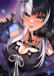 Rule 34 | 1girl, absurdres, black hair, breasts, cleavage, coat, dress, fur trim, grey hair, hair ornament, highres, hololive, hololive english, jacket, large breasts, long hair, looking at viewer, mk (lazymk), multicolored hair, off shoulder, shiori novella, shiori novella (1st costume), simple background, solo, tongue, tongue out, two-tone hair, upper body, virtual youtuber, white hair, yellow eyes