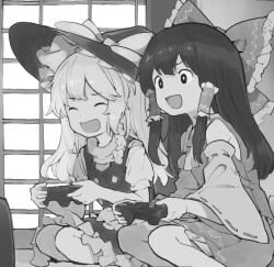 Rule 34 | 2girls, asakura maru, ascot, bare shoulders, bow, braid, controller, detached sleeves, frilled skirt, frills, game controller, greyscale, hair bow, hair tubes, hakurei reimu, hat, hat bow, holding, holding controller, holding game controller, japanese clothes, kirisame marisa, long hair, monochrome, multiple girls, nontraditional miko, playing games, ribbon-trimmed sleeves, ribbon trim, shirt, short sleeves, sidelocks, single braid, skirt, touhou, vest, wide sleeves, witch hat