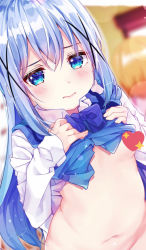 Rule 34 | 1girl, blue bow, blue eyes, blue hair, blue vest, blurry, blurry background, blush, bottomless, bow, breasts, censored, censored nipples, closed mouth, clothes lift, collared shirt, commentary request, depth of field, emoji, emoji censor, gochuumon wa usagi desu ka?, groin, hair between eyes, hair ornament, heart, highres, kafuu chino, lifted by self, long hair, looking at viewer, navel, no bra, novelty censor, out-of-frame censoring, rabbit house uniform, rouka (akatyann), shirt, shirt lift, small breasts, solo, sparkle, uniform, very long hair, vest, vest lift, waitress, white shirt, x hair ornament