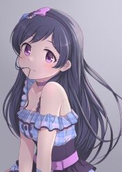 Rule 34 | 1girl, alternate hairstyle, bandaid, bare shoulders, belt, belt collar, black hair, blush, breasts, cleavage, closed mouth, collar, collarbone, dress, emily stewart, frilled dress, frills, grey background, hair in own mouth, hairband, idolmaster, idolmaster million live!, idolmaster million live! theater days, long hair, looking at viewer, medium breasts, official alternate hair color, pink belt, purple eyes, simple background, solo, yukiho kotori