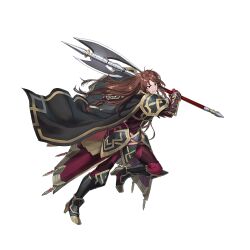 Rule 34 | 1girl, armor, attack, axe, battle axe, black cape, brown eyes, brown hair, cape, clenched teeth, dai-xt, fingerless gloves, fire emblem, fire emblem: mystery of the emblem, fire emblem heroes, gloves, holding, holding axe, holding shield, long hair, lunge, nintendo, official alternate costume, official art, red cape, red gloves, sheena (fire emblem), sheena (resplendent) (fire emblem), shield, solo, teeth, v-shaped eyebrows, weapon