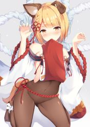 Rule 34 | 1girl, absurdres, animal ears, bare shoulders, black pantyhose, blonde hair, blush, braid, breasts, brown eyes, brown pantyhose, claw pose, clothes lift, covered navel, detached sleeves, dog ears, erune, granblue fantasy, hair ornament, highres, japanese clothes, kneeling, looking at viewer, mouth hold, no shoes, pantyhose, pelvic curtain, pelvic curtain lift, ranju aira, rope, shimenawa, short hair, smile, solo, vajra (granblue fantasy), wide sleeves