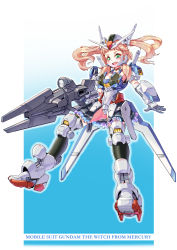 Rule 34 | 1girl, absurdres, ag 00000, beam rifle, blonde hair, blue background, blush, breasts, collarbone, commentary, copyright name, energy gun, english text, frilled skirt, frills, full body, gradient background, green eyes, gun, gundam, gundam aerial, gundam suisei no majo, highres, holding, holding gun, holding weapon, leotard, long hair, looking at viewer, mecha musume, medium breasts, quad tails, see-through, skirt, smile, solo, thighhighs, v-fin, weapon, white background