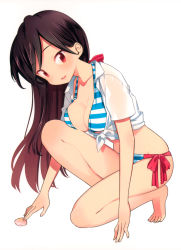 Rule 34 | 1girl, a channel, absurdres, barefoot, bikini, black hair, blush, breast rest, breasts, cleavage, collarbone, feet, female focus, front-tie top, full body, highres, kneeling, kuroda bb, large breasts, long hair, looking at viewer, nishi yuuko, official art, on one knee, open mouth, red eyes, shirt, side-tie bikini bottom, simple background, skindentation, smile, solo, striped bikini, striped clothes, swimsuit, tied shirt, toenails, toes, tsurime, white background