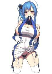 Rule 34 | 1girl, ahoge, azur lane, bare shoulders, black panties, blue hair, blush, bow, bow panties, breasts, cleavage, clothes lift, commentary request, elbow gloves, garter straps, gloves, gluteal fold, highres, lace, lace panties, large breasts, legs apart, lifting own clothes, looking at viewer, medium hair, mouth hold, one side up, panties, purple eyes, sideboob, sidelocks, simple background, skirt, skirt lift, solo, st. louis (azur lane), thighhighs, thighs, underwear, white background, white thighhighs, yamanokami eaka
