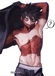 Rule 34 | 1boy, ?, absurdres, black hair, blue eyes, boku no hero academia, burn scar, cheek piercing, commentary, dabi (boku no hero academia), highres, male focus, messy hair, multiple scars, navel, nipples, piercing, scar, scar on chest, scar on hand, scar on neck, sharl0ck, simple background, spoken question mark, staple, stapled, stitches, symbol-only commentary, topless male, white background