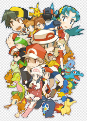 Rule 34 | 00s, 1990s (style), 5girls, 6+boys, :&lt;, alternate costume, ash ketchum, bad id, bad pixiv id, bandana, baseball cap, beret, black hair, blue eyes, blush, boots, brendan (pokemon), brendan (pokemon emerald), brown hair, bulbasaur, charmander, chikorita, child, chimchar, coat, copyright name, creatures (company), cyndaquil, dawn (pokemon), denim, ethan (pokemon), ethan (pokemon) (classic), fiery tail, flame-tipped tail, game freak, gen 1 pokemon, gen 2 pokemon, gen 3 pokemon, gen 4 pokemon, happy, haruo (clownberry), hat, hat tip, headband, highres, hitomi (pokemon ranger), holding, holding poke ball, in-franchise crossover, jacket, jeans, kate (pokemon), kellyn (pokemon), kneehighs, kris (pokemon), leaf (pokemon), long hair, lucas (pokemon), may (pokemon), mudkip, mudkipp, multiple boys, multiple girls, nintendo, open mouth, pants, pikachu, pink footwear, piplup, poke ball, pokemon, pokemon (anime), pokemon (creature), pokemon dppt, pokemon frlg, pokemon gsc, pokemon ranger, pokemon ranger 2, pokemon ranger vatonage, pokemon rgby, pokemon rse, porkpie hat, red (pokemon), red (pokemon frlg), red eyes, retro artstyle, scarf, short hair, short twintails, simple background, smile, socks, squirtle, starter pokemon trio, tail, throwing poke ball, torchic, totodile, treecko, turtwig, twintails, v, white hair, white socks, winter clothes