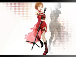 Rule 34 | 1girl, brown eyes, brown hair, female focus, garter straps, gradient background, meiko (vocaloid), microphone, microphone stand, one eye closed, short hair, skirt, smile, solo, thighhighs, vintage microphone, vocaloid, white background, wink