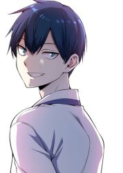 Rule 34 | 1boy, blue eyes, blue hair, long hair, looking at viewer, looking back, na kang-lim, open mouth, shirt, simple background, smile, solo, webtoon character na kang lim, white background, white shirt