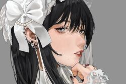 Rule 34 | 1girl, black hair, black nails, bow, commentary, commission, ear piercing, frilled sleeves, frills, gem, grey background, grey eyes, hair bow, hand on own chin, highres, jewelry, lipstick, long hair, looking afar, makeup, nail polish, natsu kumo719, original, parted lips, pearl hair ornament, piercing, red gemstone, red lips, ring, simple background, solo, upper body, veil