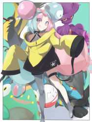 Rule 34 | 1girl, bellibolt, blue hair, border, bow-shaped hair, character hair ornament, chinju-san, commentary, creatures (company), electrode (pokemon), game freak, gen 4 pokemon, grey pantyhose, grin, hair ornament, happy, hexagon print, iono (pokemon), jacket, kilowattrel, long hair, looking at viewer, low-tied long hair, luxray, mismagius, mixed-language commentary, multicolored hair, nintendo, outside border, oversized clothes, pantyhose, pink hair, pokemon, pokemon (creature), pokemon sv, sharp teeth, single leg pantyhose, sleeves past fingers, sleeves past wrists, smile, split-color hair, standing, teeth, very long hair, very long sleeves, white border, x, yellow jacket