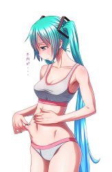 Rule 34 | 1girl, aqua eyes, aqua hair, belly grab, bra, breasts, cleavage, collarbone, cowboy shot, fingernails, grey panties, hand on own stomach, hatsune miku, highres, long hair, nail polish, navel, panties, pinching, solo, sports bra, translated, twintails, underwear, underwear only, very long hair, vocaloid, weight conscious, white background, wokada
