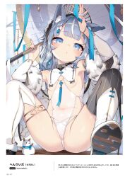 Rule 34 | 1girl, absurdres, animal ear fluff, animal ears, asymmetrical footwear, bare shoulders, black collar, blue eyes, blue hair, blue ribbon, boots, bracelet, breasts, chinese clothes, collar, covered navel, detached sleeves, dudou, fur-trimmed sleeves, fur trim, groin, henreader, highres, holding, holding umbrella, jewelry, long hair, looking at viewer, mismatched footwear, multicolored hair, non-web source, oil-paper umbrella, original, outdoors, partially visible vulva, puckered lips, revealing clothes, ribbon, sitting, small breasts, snow, snowman, solo, spread legs, streaked hair, thigh boots, two-tone hair, umbrella, white hair, winter