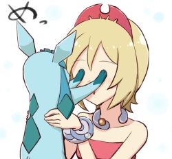 Rule 34 | 1girl, :d, bad id, bad pixiv id, bare shoulders, blonde hair, can&#039;t show this (meme), collarbone, commentary request, creatures (company), engiyoshi, game freak, gen 4 pokemon, glaceon, highres, holding, irida (pokemon), jewelry, neck ring, nintendo, open mouth, pokemon, pokemon (creature), pokemon legends: arceus, red shirt, shirt, simple background, smile, strapless, strapless shirt, upper body, white background