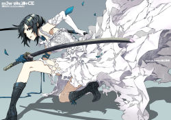 Rule 34 | 1girl, black hair, boots, dogs: bullets &amp; carnage, dress, elbow gloves, fighting stance, fuyumine naoto, gloves, green eyes, katana, miwa shirow, petals, ready to draw, short hair, solo, sword, torn clothes, weapon, white dress