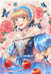 Rule 34 | 1girl, apple, artist name, bare shoulders, blonde hair, blue butterfly, blue dress, blue eyes, blue ribbon, breasts, bug, butterfly, curtsey, dress, flower, food, fruit, grin, hair ribbon, bug, jewelry, leaf, looking at viewer, maid headdress, medium breasts, necklace, open mouth, pearl necklace, peyo han, puffy short sleeves, puffy sleeves, red flower, red rose, ribbon, rose, short hair, short sleeves, smile, solo, white flower, white rose