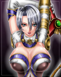 Rule 34 | 1041 (toshikazu), 1girl, arms up, blue eyes, breasts, cleavage, huge breasts, isabella valentine, looking at viewer, solo, soul calibur, soulcalibur iii, white hair