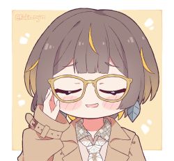 Rule 34 | 1girl, adjusting eyewear, anya melfissa, anya melfissa (casual), blonde hair, blush stickers, brown hair, chibi, closed eyes, coat, commentary, english commentary, glasses, hololive, hololive indonesia, kukie-nyan, multicolored hair, necktie, short hair, solo, streaked hair, twitter username, upper body, virtual youtuber, yellow-framed eyewear