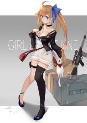 Rule 34 | 1girl, absurdres, ahoge, ammunition box, animal, battle rifle, black bra, black footwear, black thighhighs, blonde hair, blue bow, blue eyes, blush, bow, box, bra, breasts, cardboard box, choker, cleavage, collarbone, commentary request, cross, dated, dress, fal (girls&#039; frontline), fn fal, footwear bow, full body, girls&#039; frontline, gun, hair bow, hand on breast, high heels, highres, holding, holding own hair, jacket, kinto-kuwa, knife, kukri, lace, lace-trimmed bra, lace trim, lingerie, long hair, long sleeves, looking at viewer, medium breasts, off shoulder, pouch, rifle, scope, shoes, side ponytail, signature, single thighhigh, solo, standing, thigh strap, thighhighs, traditional media, underwear, watercolor pencil (medium), weapon, white dress