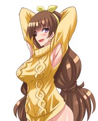 Rule 34 | 1girl, amanogawa kirara, aran sweater, armpit cutout, armpits, arms up, blush, breasts, brown hair, cable knit, clothing cutout, earrings, go! princess precure, hip focus, jewelry, konno tohiro, large breasts, long hair, naked sweater, out-of-frame censoring, precure, purple eyes, simple background, smile, solo, star (symbol), star earrings, sweat, sweater, turtleneck, very long hair, white background