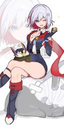 Rule 34 | 1girl, 1other, absurdres, black footwear, black gloves, breasts, chinese text, coin, colored inner hair, crossed legs, english text, gloves, highres, holding, holding coin, honkai: star rail, honkai (series), looking at viewer, multicolored hair, nero hanken, numby (honkai: star rail), one eye closed, open mouth, petting, short hair, simple background, small breasts, streaked hair, thighs, topaz (honkai: star rail), trotter (honkai: star rail), white background, white hair