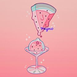 Rule 34 | 1girl, artist name, bad id, bad instagram id, cocktail glass, cup, drinking glass, food, food focus, fruit, gradient background, meyoco, no humans, original, pink background, see-through, solo, sparkle, watermelon