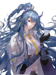 Rule 34 | 1girl, ;), absurdres, arknights, blue eyes, blue hair, coat, commentary request, cup, hand up, highres, holding, holding cup, horns, ling (arknights), long hair, looking at viewer, navel, necktie, one eye closed, open clothes, open coat, parted lips, pointy ears, shirt, simple background, smile, solo, strapless, strapless shirt, tislike, upper body, very long hair, white background, white coat, white shirt, yellow necktie