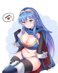 Rule 34 | 1girl, adapted costume, alternate breast size, arm cuffs, banglinh1997, black thighhighs, blue bra, blue eyes, blue footwear, blue hair, blue panties, blush, boots, bra, breasts, cape, cleavage, commentary, english text, fingerless gloves, fire emblem, fire emblem awakening, gloves, hair between eyes, heart, highres, large breasts, lips, long hair, looking at viewer, lucina (fire emblem), midriff, navel, nintendo, panties, ribbed legwear, shrug (clothing), simple background, sitting, skindentation, smile, solo, speech bubble, spoken heart, strap pull, thigh boots, thighhighs, thighhighs under boots, thighs, tiara, underwear, white background