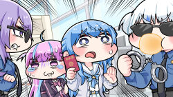 Rule 34 | 4girls, ahoge, black necktie, blue eyes, blue hair, bow, bowtie, blowing bubbles, cardigan, clenched teeth, commentary request, crossed arms, crying, cuffs, diagonal-striped bow, diagonal-striped bowtie, diagonal-striped clothes, dress, emphasis lines, frown, gawr gura, grey cardigan, handcuffs, highres, holding, holding handcuffs, hololive, hololive english, hololive indonesia, hoshimachi suisei, komainu channel, minato aqua, moona hoshinova, multicolored eyes, multicolored hair, multiple girls, necktie, open mouth, pink eyes, pink hair, pleated skirt, purple eyes, purple hair, sailor dress, security checkpoint, security guard, skirt, streaked hair, striped clothes, sunglasses, sweat, tears, teeth, two-tone hair, virtual youtuber, white hair, yellow eyes